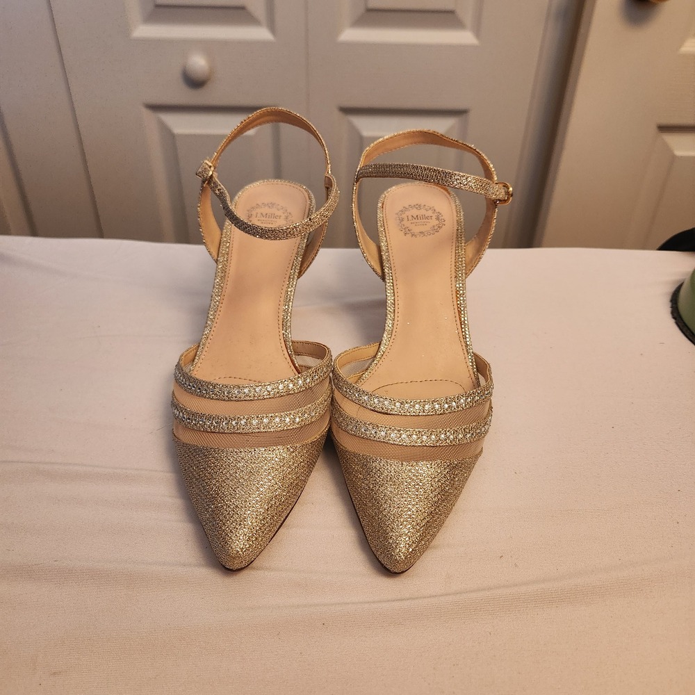 J. Miller Gold Glitter Rhinestone Mesh Ankle Strap Pointed Toe Kitten Heels 7.5M